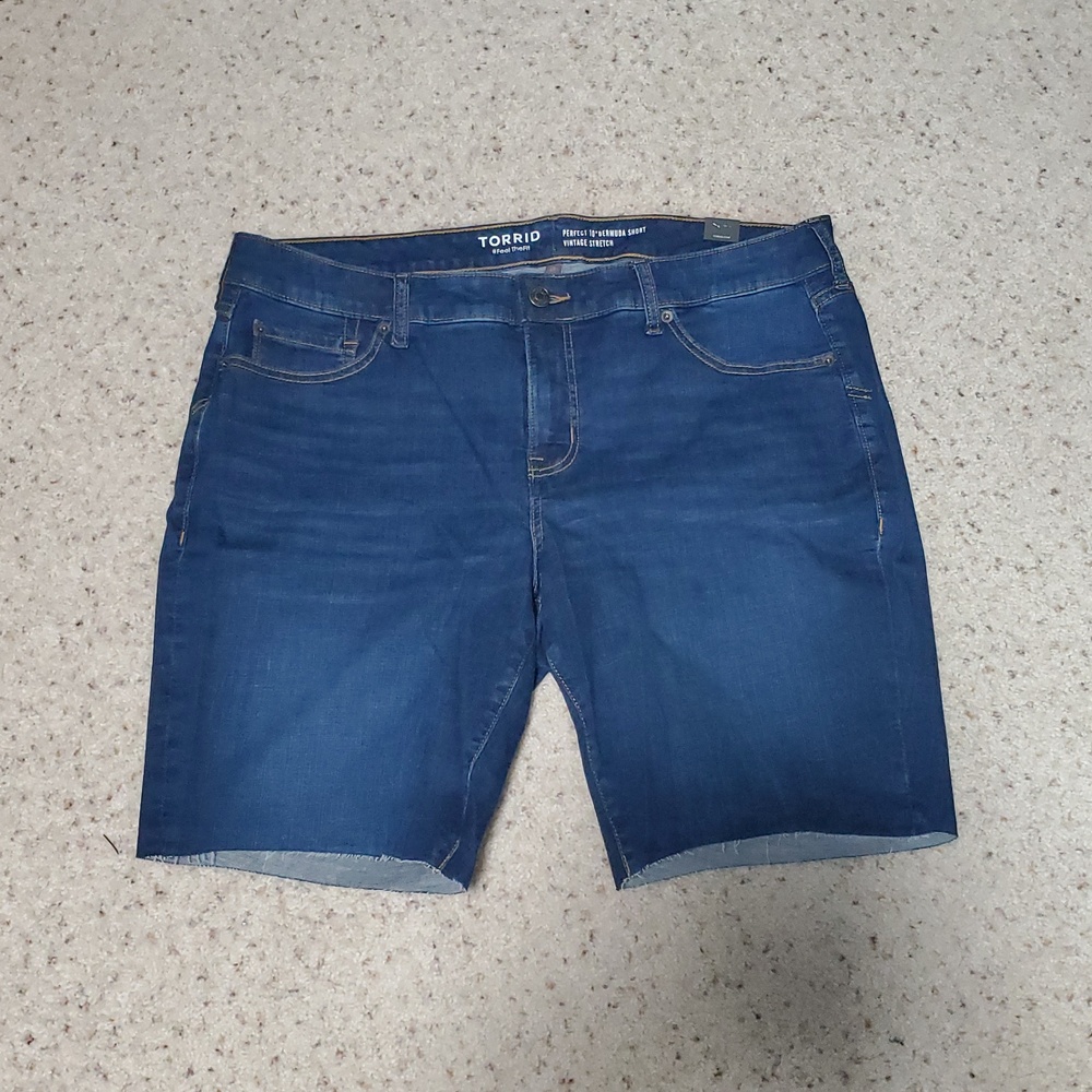 Torrid Indigo Stretch Denim Bermuda Shorts with Frayed Hem